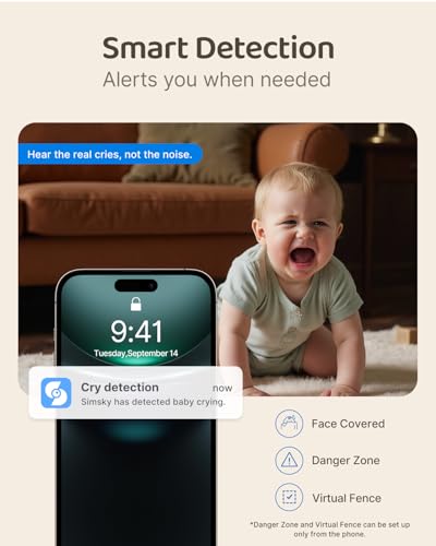 Image of Simsky 7 inch Baby Monitor with Camera and Audio, 4MP UHD Video, WiFi & Non-WiFi Monitoring, Pan Tilt Camera, 6X Zoom, App Remote Access, AI Cry Detection, 2-Way Talk, 5200mAh Battery