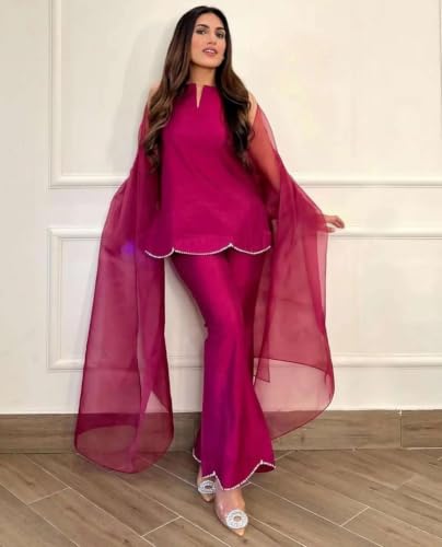 Image of Pearl Embroidered Solid Kurta Palazzo Set|Indo Western Party Outfit with Organza Net Dupatta|Sleeveless Kurti for Women