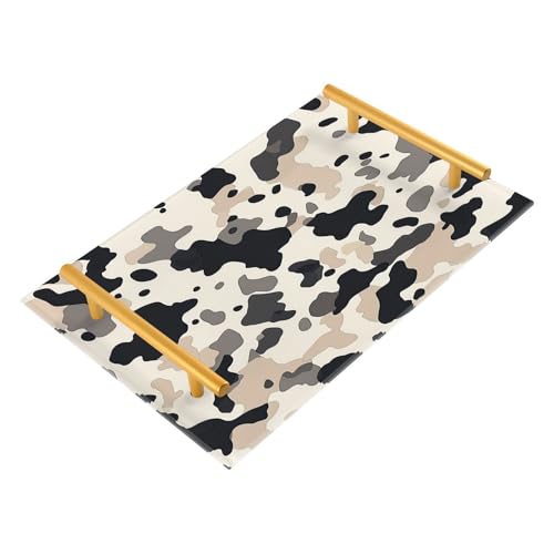GUIJI Cow Pattern Acrylic Tray, Perfume Cosmetic Jewelry Decorative Trays Bathtub Organizer, Living Room Kitchen Serving Tray with Gold Handles