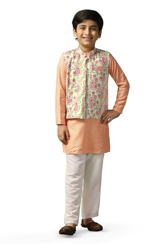 Image of Fashion Dream Boy's Cotton Blend Printed Kurta Pyjama And Jacket Set|Kurta And Payjama Set