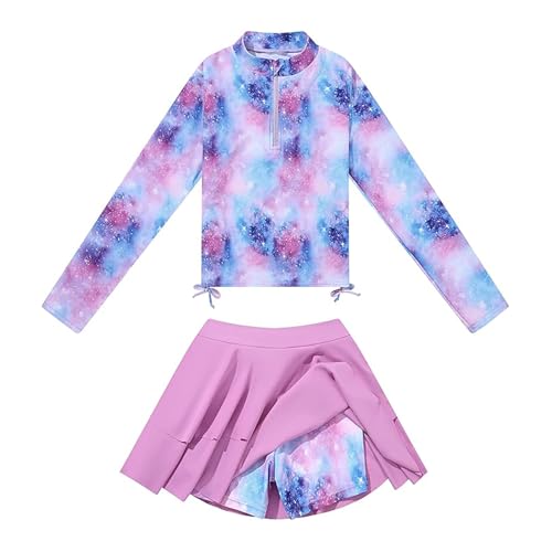 Girls Rash Guard Two Piece Swimsuit Long Sleeve UPF 50+ Bathing Suit Swim Skirt with Shorts Tankini Swimwear 4-10Y