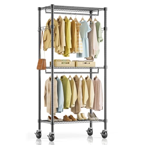Simple Deluxe Rolling Clothes Rack, Heavy Duty Clothing Rack, 3-Shelf Portable Adjustable Wardrobe Closet with Wheels, Hanging Rods & Side Hooks, 29.5