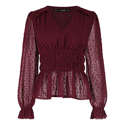 Zaful Women's V Neck Peplum Tunic Tops Mesh Sheer Polka Dot Puff Long Sleeve Casual Babydoll Dressy Shirt Elegant Blouse Wine Red #TOP7