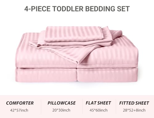 Image of ZPECC Toddler Bedding Set - 4 Piece Hypoallergenic Baby Crib Bedding Set for Boys and Girls, Includes Toddler Comforter, Flat Sheet, Fitted Sheet and Pillowcase, Pink Stripe