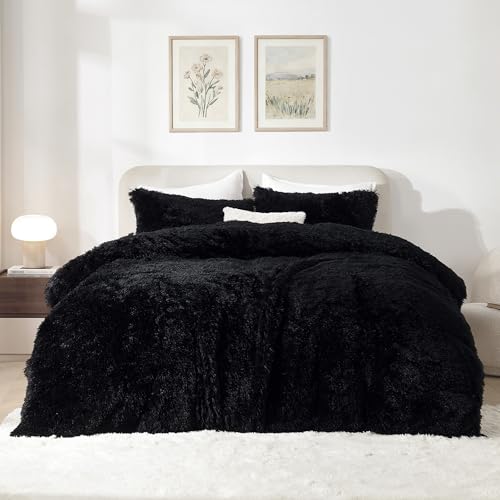 Litanika Black Fluffy Comforter King Size, Luxury Plush Faux Fur Bedding for King, Ultra Soft Warm Velvet Fuzzy Bed Set 3 Pieces(1 Shaggy Comforter 104×90 Inch, 2 Pillowcases)