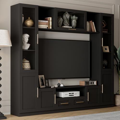 Mekminop 4-Piece Wall Unit TV Stand for TVs Up to 70", Modern Entertainment TV Wall Unit with LED Light, Large Wall Media Center for Living Room, Black