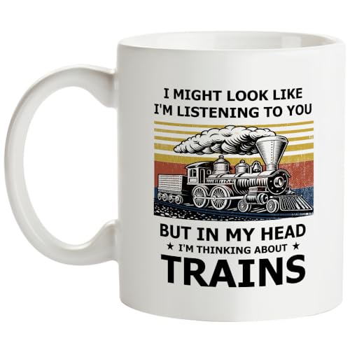Yanprint Train Lovers Gifts Coffee Mug - “Sorry I Wasn’t Listening I Was Thinking About Trains” Retro Vintage Ceramic Mug - Gift for Brother, Sister, Friend, Coworker