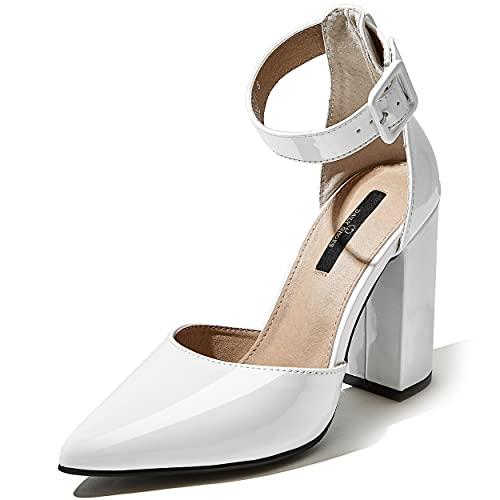DailyShoes one Strap Block Heel Daily Sandals Women s Chunk High Heeled Buckle Ankle Strap Closed Pointed-Toe D Orsay Sandals Adjustable Pointed Toe Women Strap Pointy Shoes Philz-01 White Pt 9