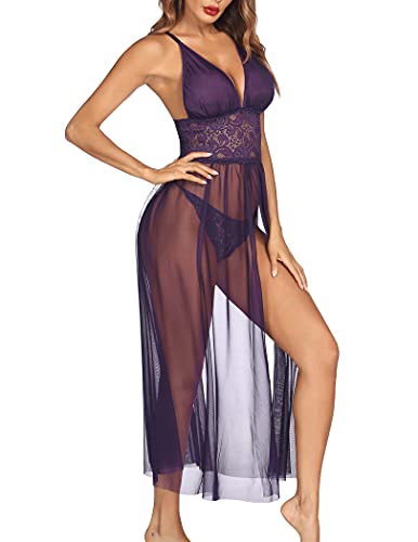 Avidlove Women Lingerie Lace Babydoll V Neck Chemise Halter Mesh Nightwear Sexy Long gown Lingerie Sheer Dress (M, Purple)