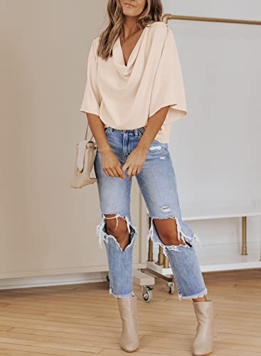 Dokotoo Sexy Blouses For Women Casual Short Sleeve V Neck Solid Color Ladies Wrap Draped Front Business Casual Fashion Chiffon Shirts Dressy Tops Spring Summer Western Clothes 2023 Apricot Large #TOP6