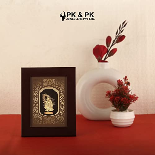 Image of Pk & Pk Jewellers Lord Radha Krishna with Peacock Feather | 24KT Gold Frame | Solid Carving Collection | Small Size [17x22 cm] (For Premium Gift, Temple, Table Decor, Home Decoration)