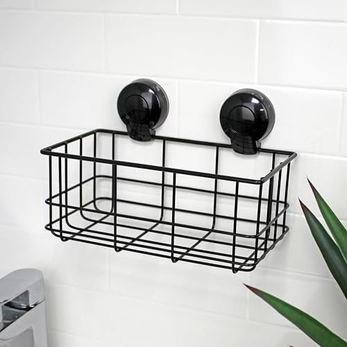 Image of Showerdrape Suctionloc Black Steel Suction Wall Mounted Bottle Basket with Mounting Discs