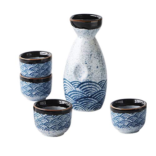 Housoutil Service De Tasses À Saké en Céramique Japonaise 4 Tasses 20 ML Et 1 Pot 180 ML Design Ondes pour Réceptions Familiales Et Décoration Intérieure