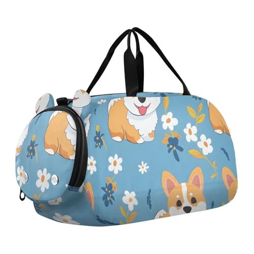 Duffle Bag Kids Gym Bag with Shoes Compartment & Wet Separation Overnight Travel Duffel Bag Corgi Cartoon for Girl Boy
