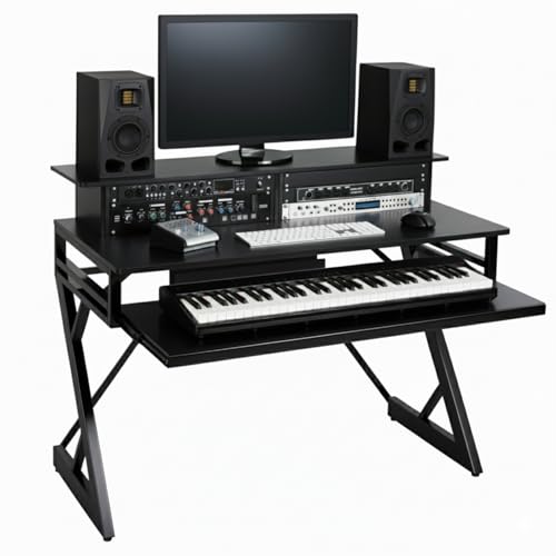Image of TEKAVO Banin Studio Table for Music Production | with Monitor Riser + Long Keyboard Tray | Desk for Editing Studio, Gaming, Workstation | 120 cm X 60 cm