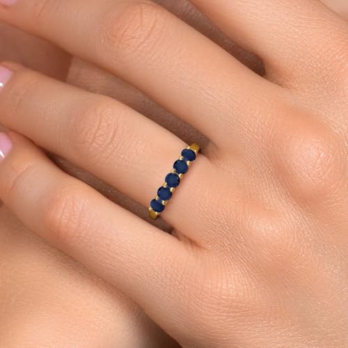 Gem Stone King 18K Yellow Gold Plated Silver 4MM Round Gemstone Birthstone 5-Stone Wedding Band Ring | Five Stone Engagement Anniversary Promise Ring For Women | Available in Size 5, 6, 7, 8, 94