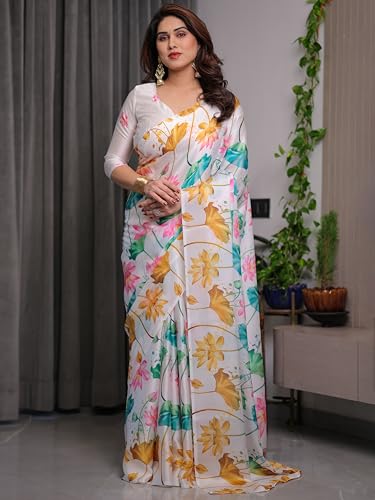 Image of ALMAARI FASHION Women's Floral Printed Georgette Satin Saree with Unstitched Blouse Piece | Traditional Ethnic Wear Sarees | Soft Lightweight Ethnic Office Wear Daily Wear Indian Sari (SG 101-110 SH)