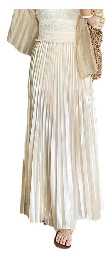 Womens Retro Pleated Maxi Skirt Slim A-Line Satin Elastic Waist Loose Fit Casual Skirt