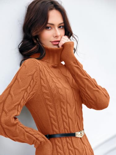 Image of Langwyqu Womens Cable Knit Long Sleeve Turtleneck Bodycon Sweater Dress