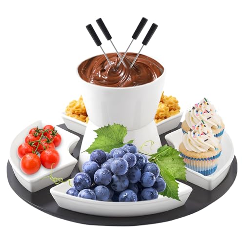 Juego de fondue de chocolate de cerámica, juego de fondue de queso con paleta de madera, 4 tenedores, 4 platos, fondue de chocolate, fondue de queso para chocolate, queso, fondue, cenas familiares
