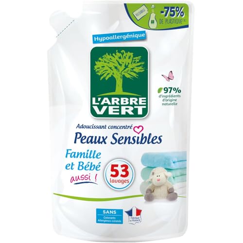 L'Arbre Vert Recharge Adoucissant Concentré Peaux Sensibles, Famille & Bébé Aussi ! - Hypoallergénique - 800mL - 53 Lavages