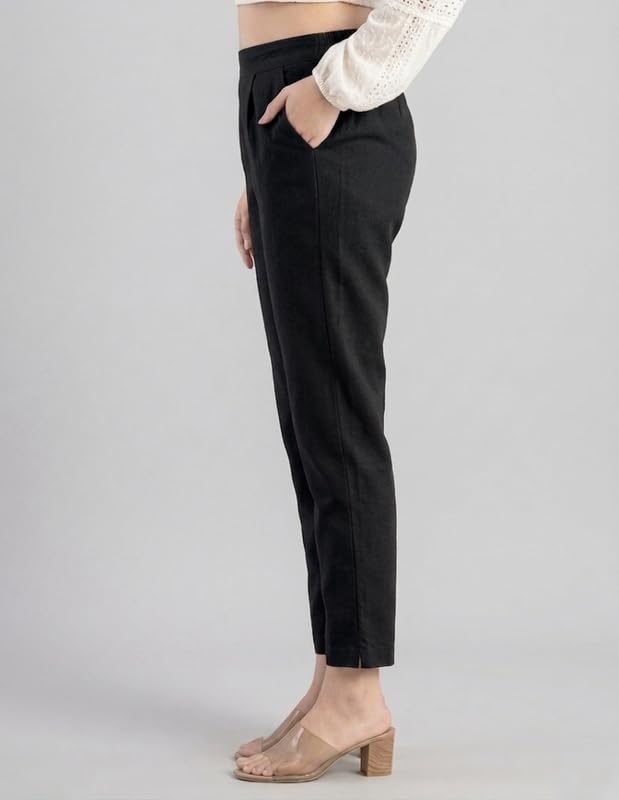 Image of Solid Cotton Woman Trousers Pants Regular Fit Kurti Pant with Drawstring Daily Office Formal Casual Use