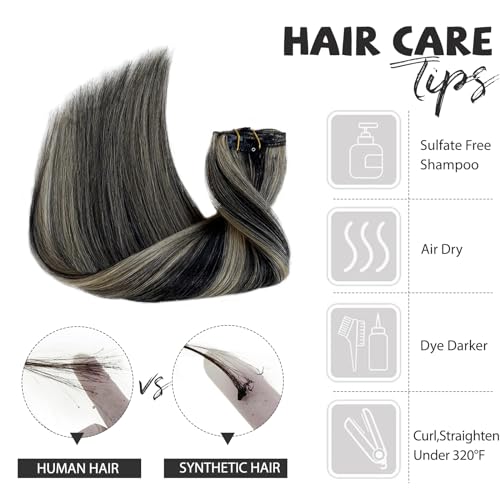 Image of Belaved Clip in Hair Extensions Full Head 14 Inch 70g Natural Black Mix Blonde Highlights Clip in Hair Extensions Real Human Hair for Women 7pcs Double Weft Straight