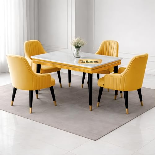 Image of Elara Modern Dining Table Set 4-Seater Wooden Dining Table Set | 1 Year Warranty | Nano Composite Marble Marble Top Table with 4 Chairs (Yellow)
