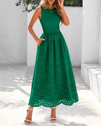 Image of dowerme Women Summer Dresses 2026 Casual Sleeveless Crewneck A-Line Boho Lace Eyelet Cotton Tank Maxi Dress with Pockets