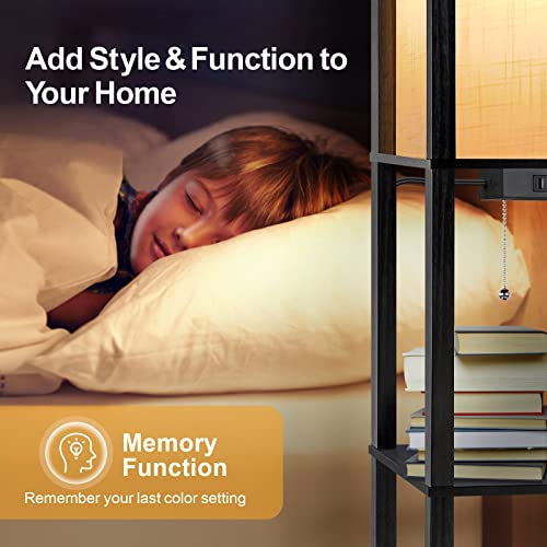 Outon Floor Lamp With Shelves, Dimmable Shelf Floor Lamp With Remote Control, 1Usb & 1 Type C Ports, 1 Power Outlet, Modern Standing Lamp With 4 Color Temperature For Living Room, Bedroom, Matte Black #TOP6