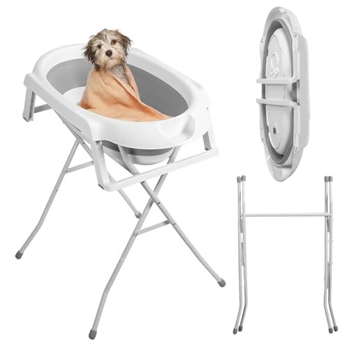 Tifemap Bañera para Perros, Bañera Portátil con Soporte para Mascotas Pequeñas y Medianas, Uso Interior y Exterior (Blanco Gris)