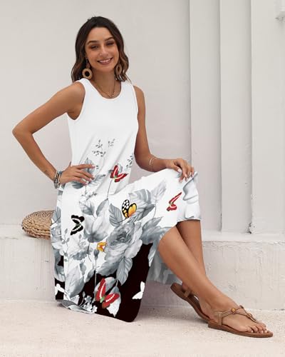 Image of AUSELILY Women's Summer Dresses Casual Sleeveless Midi Dress with Pockets | Crew neck tank dress with asymmetrical hem, ideal for beach, vacation, and daily wear