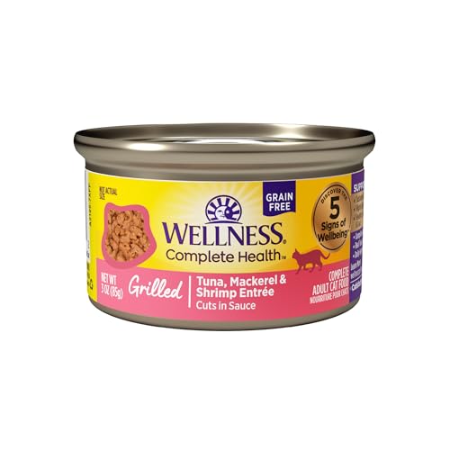 Image of Wellness Complete Health Grilled Adult Canned Wet Cat Food, Natural, Protein Rich, Grain Free, Tuna, Mackerel, and Shrimp Entree Recipe, 3 oz, Pack of 12 Cans
