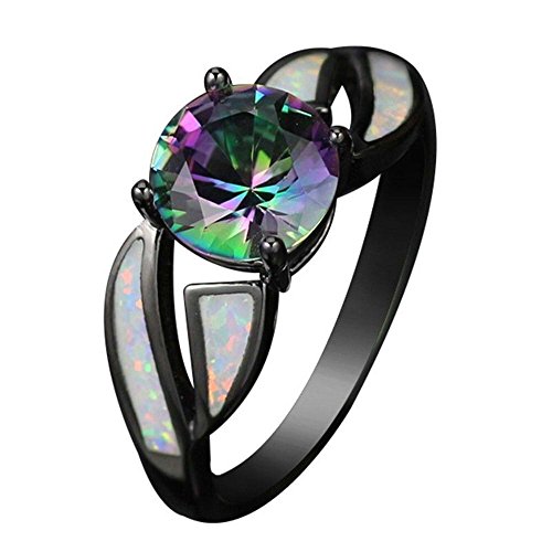 Wat – Bague de Mariage en Topaze Arc-en-Ciel Mystique, Coupe Ronde, Opale de feu remplie de Noir, Bijoux
