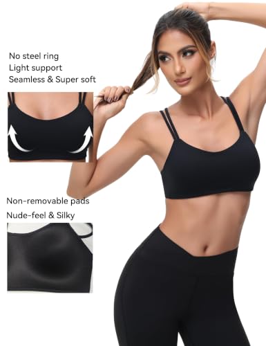 Image of Yoga Sports Workout Bras for Women Seamless Molded Cup Spaghetti Double Strap Bra Wirefree Scoop Neck Tank Top Bras