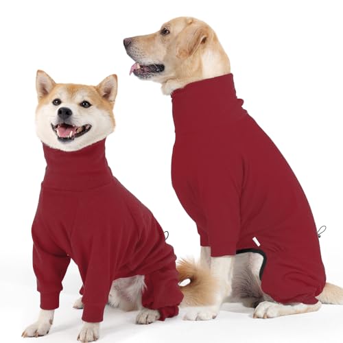 Hjyokuso Hundemantel Winter, Warmer Fleece Hundepullover mit Beinen, Weiche Vierbeinige Hundejacke für Kleine & Mittelgroße Hunde, Hundebademantel Fleece Hunde Pyjama Bekleidung Rot S