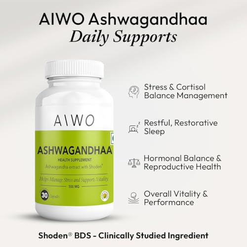 Image of AIWO Ashwagandha Shoden Capsules 500mg - 35% Withanolide Glycosides, 30 Vegetarian Tablets | Stress Relief, Energy, Mood & Immune Support