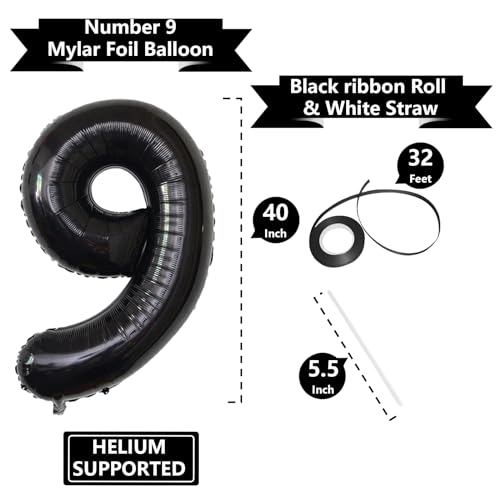 Image of Number Balloons Black Party Balloon - Giant Number 9 Balloon, 40 Inch Large Balloon for Birthday Decorations, Black Party Supplies for Men Women