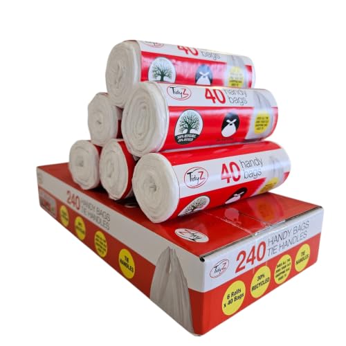 240 TidyZ Handy Bags Pedal Bin Liners. Minimum 30% Recycled Plastic. Suitable for Office & Bathroom Waste Bins. Tie Handles. 15L. 6 Rolls of 40 Bags. Does All The Jobs Your Old Carrier Bag Used To