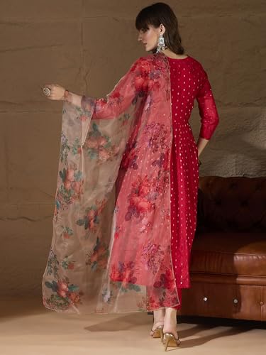 Image of Women's Chanderi Kurta with Legging and Dupatta | Modern & Traditional Blend Ethnic Wear Set | Festive & Casual Summer Kurti with Pants for Party Office & Ethnic Occasions