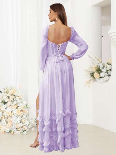 SOLODISH Long Sleeve Bridesmaid Dresses with Slit Ruffle Formal Evening Dresses for Women3