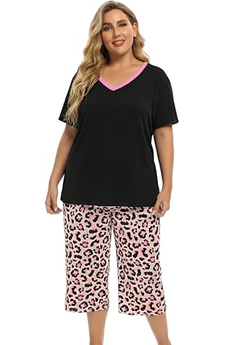 Image of Vozanet Women's Pajamas Set Soft V Neck Sleepwear Top and Capri Pj Lounge Sets Cartoon Heart Shape Cat Nighty Plus Size