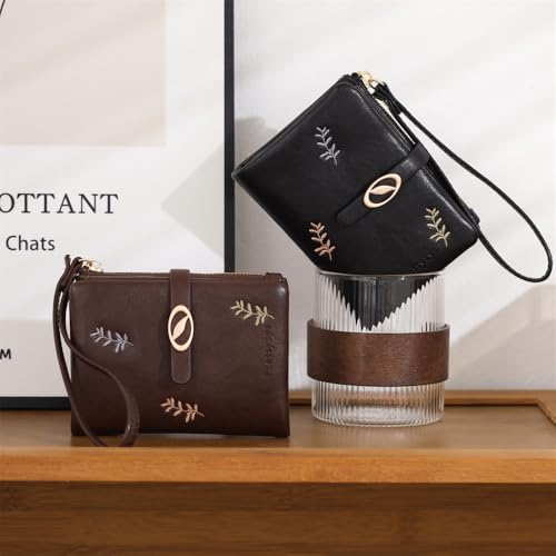 Women Short Wallet,Wallet with Leaf Embroidered for Women,Multi Card Holder Wallet,Ladies ID Credit Card Holder PU Small Clutch Bag Purses (Brown)3