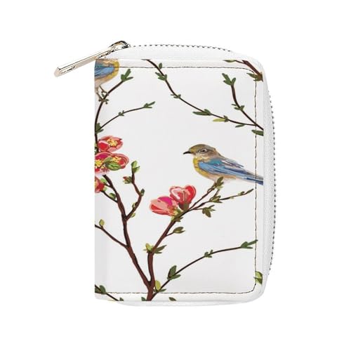 Women Leather Coin wallet, Key Change Organizer Zipper Card Holder Purse Clutch Pouch Pocket 4.5x3.15 in Print Spring Tree Branches Red flowers Green Leaves Birds