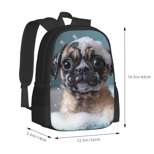 Compact Unisex 17 Inch Backpack Pug Puppy Bath Bubbles Streamlined Design for Urban Mobility Quick Trips & Daily Tasks3