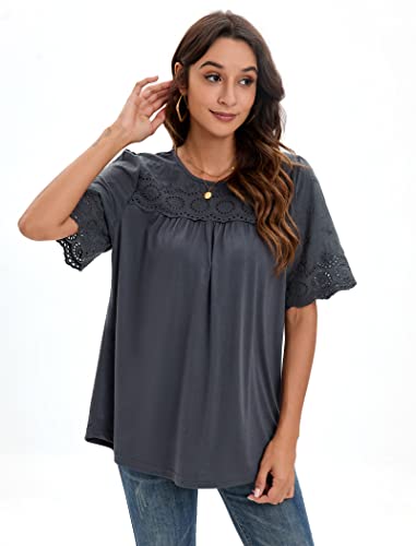 Famulily Loose Relaxed Fit Tee Shirts Cozy Flowy Tops For Work Womens Floral Eyelet Blouses Dark Grey Xxl #TOP2