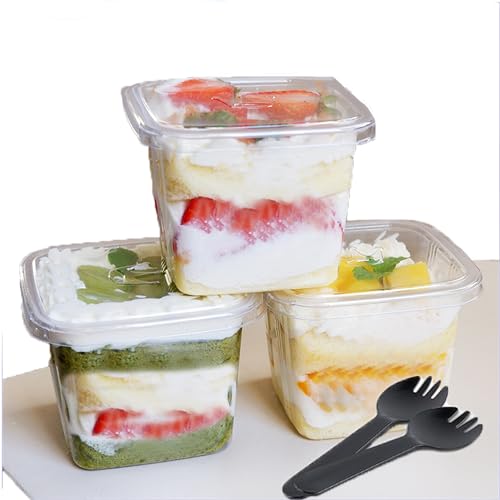 20 PCS 8 oz Square Clear Plastic Dessert Cups ?with Lids Sealing Sporks and Stickers, Reusable Parfait Appetizer Cups,Parfait Cups To Go Food Containers for Pudding Fruit Mousse Yogurt and Short cake.