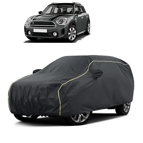 Image of Sulfar 100% Water Resistant Car Body Cover Compatible with Mirror for BMW Countryman Coupe (Triple Stitched, Full Bottom Elastic, Dark Grey Taffeta with Yellow Piping)