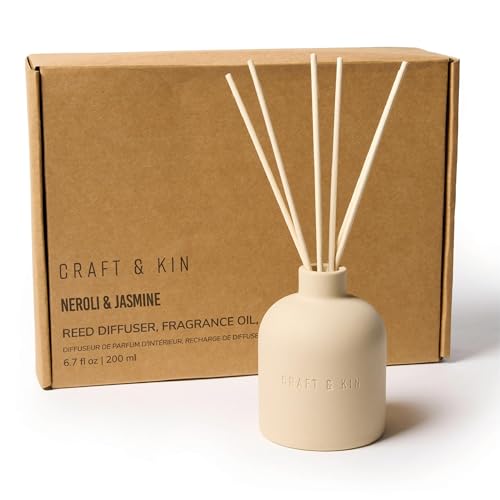 Craft & Kin Neroli & Jasmine Reed Diffuser Earthenware Collection 6.7 oz Alcohol-Free Essential Oil Diffuser for Home & Bathroom Long-Lasting Fragrance Sticks Ceramic Room Decor