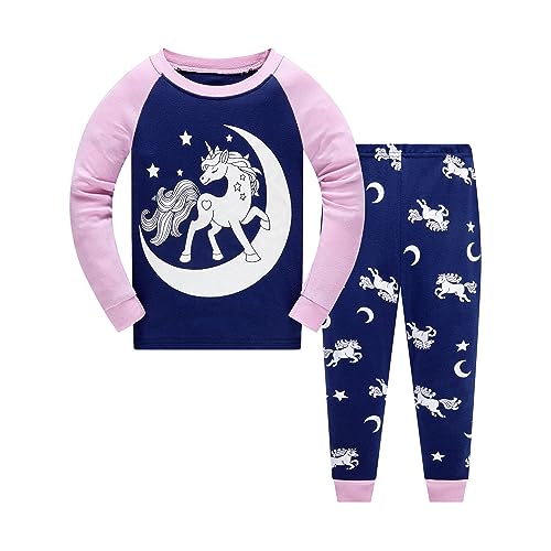 Little Girls Unicorn Glow in dark Pajamas Sets Baby Girl 2Pcs 100% Cotton Pjs Kids Long Sleeve Sleepwear 6764-unicorn-5T